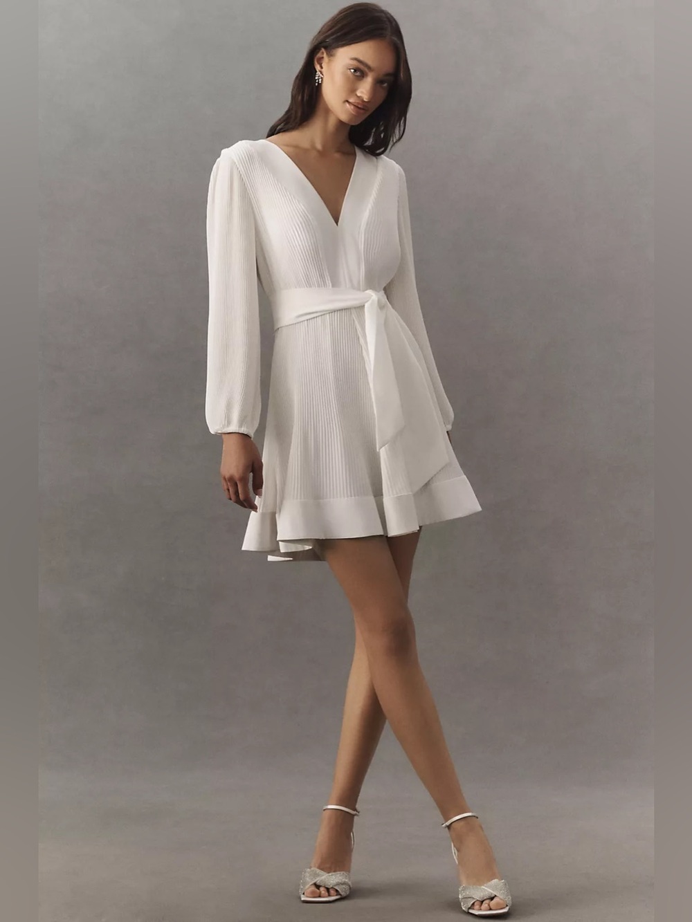 Milly Liv Long-Sleeve V-Neck Pleated Belted Mini Dress